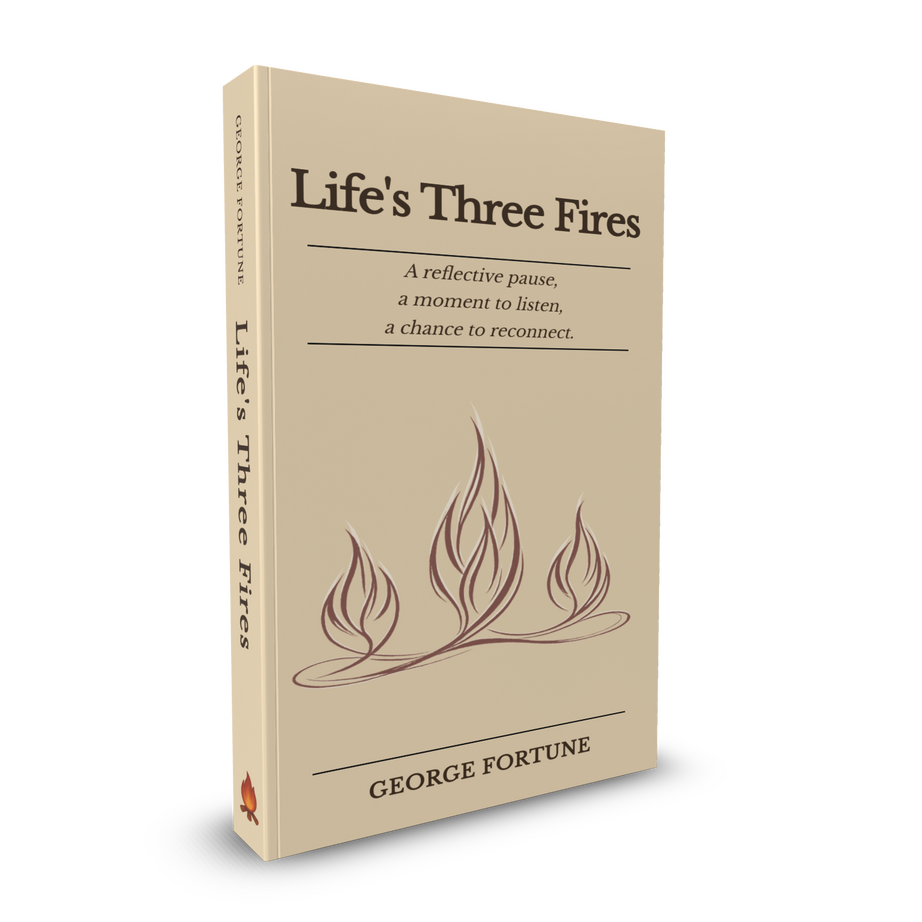 George Fortune Counselling Another Book cover for “Life’s Three Fires”, showing three campfires in a landscape, representing the Self Fire, Others Fire, and Shared Fire.